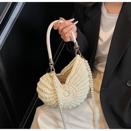 Handwoven Fashion Seashell Bag Stylish & Unique Boho Clutch with Pearl Strap Leather Handle & Premium Hardware (Cream white)