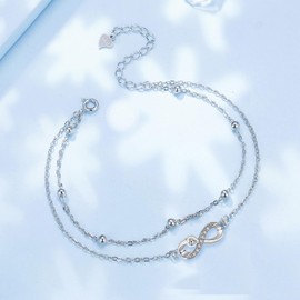 Arrebol Anklet Women's 925 Silver Anklet for Women Double Chain with Ball Beads - Adjustable [22 + 4 cm], Silver, Cubic Zirconia