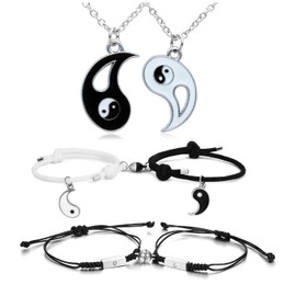 PiercingJak 6 Pieces Matching Yin Yang Couple Bracelet Necklace Set Adjustable Cord Relationship Bracelets for Friendship Relationship Boyfriend Girlfriend Valentine's Gifts