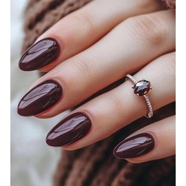 Artquee Press on Nails Short Burgundy Almond False Tips Glossy Reusable Fake Stick on Nails Kit for Women - 30 Pcs 15 Sizes