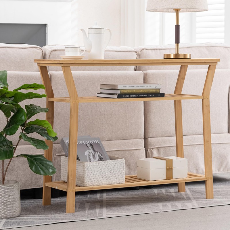 Nnewvante Bamboo Console Table Behind Couch, Entryway Table with Shelves,