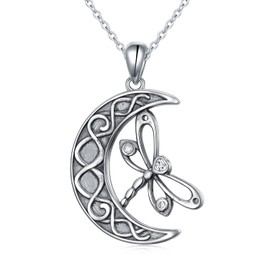 Dragonfly/Bat Pendant Necklace 925 Sterling Silver Crescent Moon Star Necklace for Women Cute Animal Jewelry for Valentine's Christmas Day Gift, Sterling Silver, Cubic Zirconia