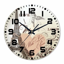 NOMEDOGYIM Eiffel Tower Wall Clock Battery Operated Angel Arrow Heart Wall Clock Silent Non Ticking Quality Quartz 10 Inch Round Easy Clock to Read for Home Office