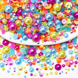 Towenm 60g Mix Flatback Pearls and Rhinestone, 2mm-10mm Jelly Rhinestones and Half Pearls for Crafts Tumblers Shoes Nails Face Art, with Picker Pen, Pink|Blue|Yellow|Orange