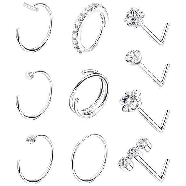 XENQITO Pack of 10 Nose Piercing Ring Stud Silver 20G