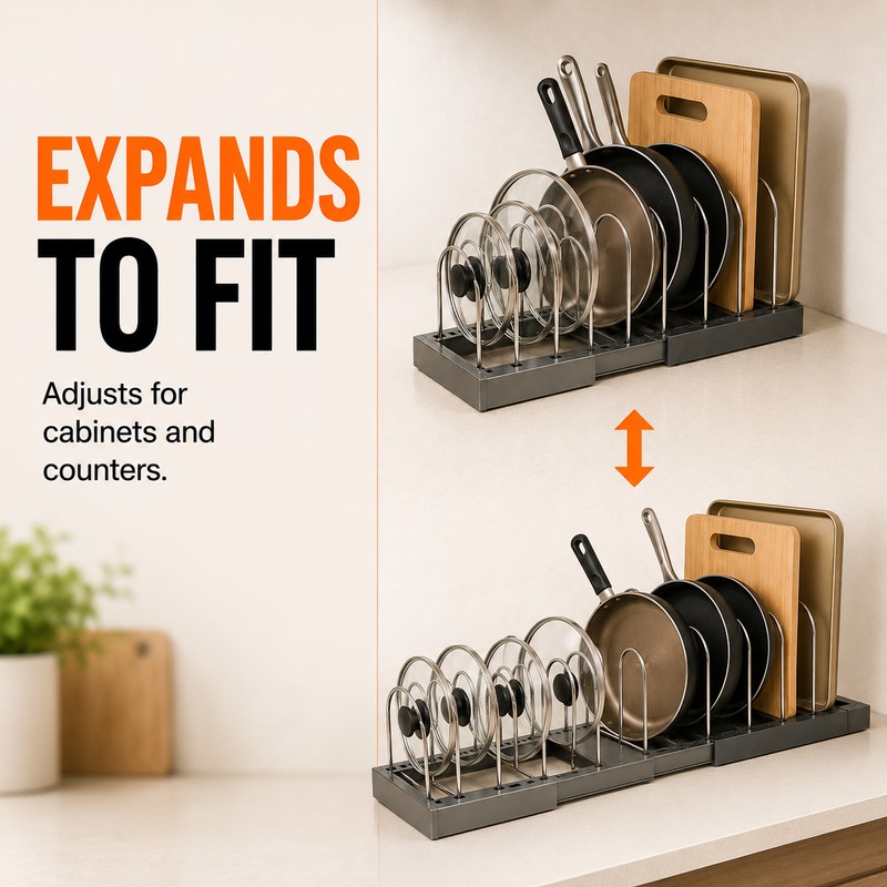 Expandable Kitchen Cabinet Organizer with 7 Adjustable Stainless Steel Dividers