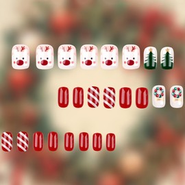 TULOBI Christmas Press on Nails Short Square Cute Antelope Christmas Tree Fake Nails Red White Striped Design Xmas Nails with Colorful Rhinestone Glossy Full Cover Candy False Nails 24Pcs