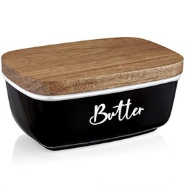 Black Butter Dish, ALELION Large Ceramic Butter Dish with Lid for Countertop, Vintage Butter Keeper with Acacia Wooden Lid, Modern Rustic Farmhouse Kitchen Decor and Accessories for Counter