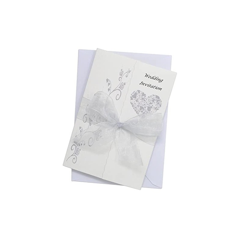 Pack of 10 Silver Wedding Invitations with ribbon and envelopes-