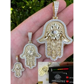 Harlembling Real 14k Gold & 925 Sterling Silver Hamsa Evil Eye Hand Iced MOISSANITE Pendant - Medium