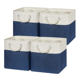 Temary Fabric Storage Cubes 11x11 Cube Storage Bins 4Pack Blue Basket for Organizing Home, Closet, Empty Gift Baskets with Handles (White&Blue)