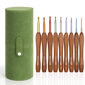 Aeelike Crochet Hook Set Wooden Handle, 9 Pieces Ergonomic Crochet Hooks with Green Storage Box for Arthritic Hands, 2.0-6.0 mm Lightweight Starter Crochet Hooks with Colourful Aluminium Hook Head for