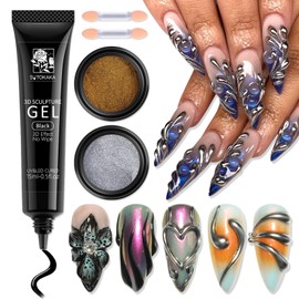 SUTOKAKA 3D Gel Nail Art & Chrome Nail Powder Kit, 15g Black Sculpting Gel No Wipe Molding Gels with Gold Silver Metallic Mirror Effect Chrome Powder Manicure Decoration DIY Salon Home Use