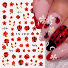 6 Sheets Summer Flower Nail Art Sticker Decals, 3D Cartoon Ladybug Red Petals Nail Stickers Spring Nail Decals for Nail Art Cute Insect Bee Butterfly Nail Supplies Self Adhesive Decals for Women