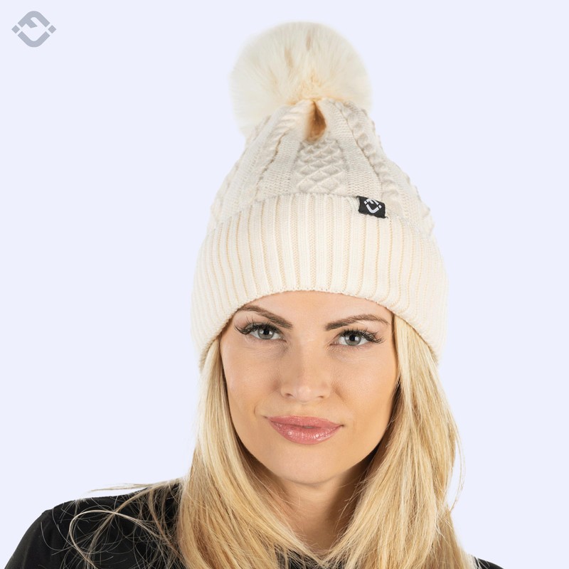 Funky Junque Cable Knit Fleece Lined Pom Beanie - Beige