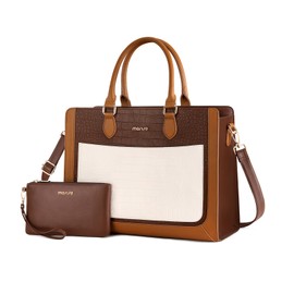 MOSISO Laptop Tote Bag for Women, 15.6 inch PU Leather Large Capacity Handbag & Clutch Purse & Front Pocket, Crocodile Grain Waterproof Computer Bag Work Briefcase for Business Office, Brown