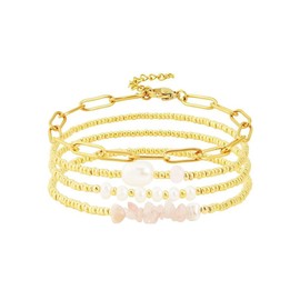 Hilufiet 4pcs Exquisite Gold Paperclip Beaded Bracelet Set Adjustable Stackable Stretch Bracelets for Women-Crystal