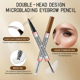 Microblading Eyebrow Pencil, 2-in-1 Dual-Ended Eyebrow Pen with 4 Fork Tips & Brow Gel, Long-Lasting Waterproof Eye Brow Pencil, Smudgeproof Brow Pen for Natural Looking Brows Makeup - Dark Brown