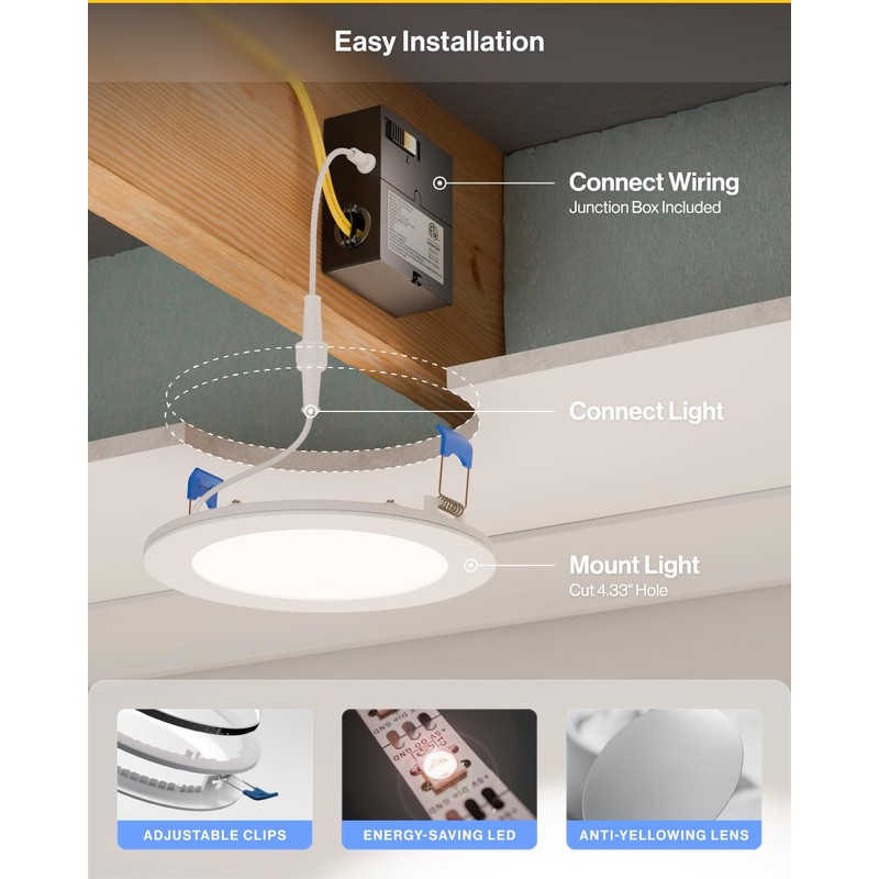 Sunco 6 Inch LED Recessed Light with Night Light, Canless
