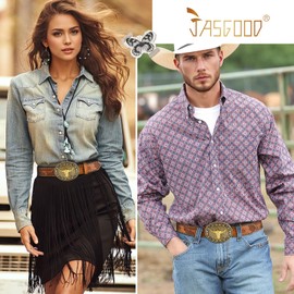 JASGOOD Mens Cowboy Belt Cowgirl Belt Western Belts for Women with Engraved Floral Bull Head Buckle Western Leather Buckle Belt for Jeans, Light Brown, M