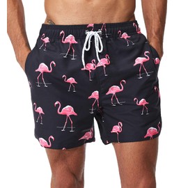 SILKWORLD Men's Swim Trunks Quick Dry Shorts with Pockets (New Printed_Trunks: Pink Flamingo,Large)