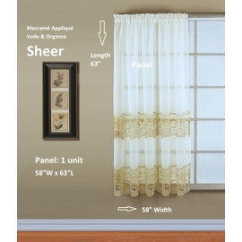 Today's Curtain, Vintage Macramé Organza Panel 63", Ecru/Gold, 58" W x 63" L