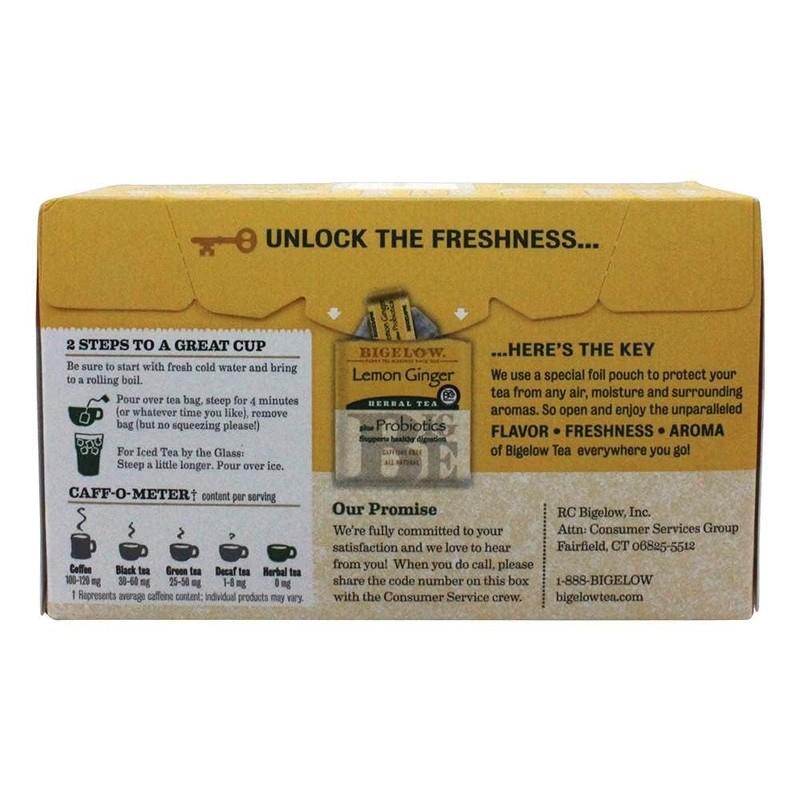 Bigelow Tea Lemon Ginger Plus Probiotics Herbal Tea Bags, 18