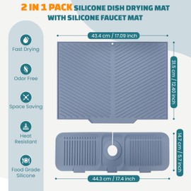 2 Pieces Silicone Faucet Mat for Kitchen Sink and Dish Drying Mat for Multiple Usage , Sink Water Splash Guard , Dish Mat , Draying Mat for Kitchen Counter-Grey