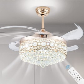 Qieynel Dimmable LED Crystal Fandeliers,Gold Crystal Ceiling Fan with Light Remote LED Retractable Blade Crystal Chandeliers Fan 6 Speeds,3 Colors Change