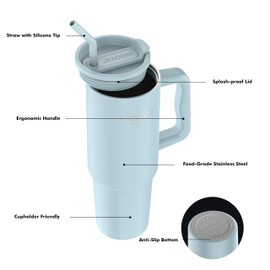40 oz Water Cup with Straw and Lid, Insulated Water Bottle with Handle, BPA Free Reusable Double Wall Stainless Steel Tumbler Cup for Adults, Light Blue