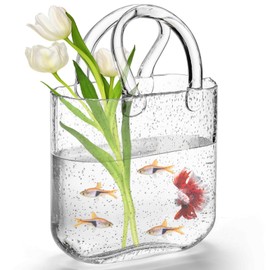 Noamus Purse Vase for Flowers, Unique Clear Glass Bag Vase with Handle, Handbag Shape Flower Vase Fish Bowl, Wide Mouth Bubble Vase for Wedding Birthday Centerpieces, Home Garden Decor(Transparent)