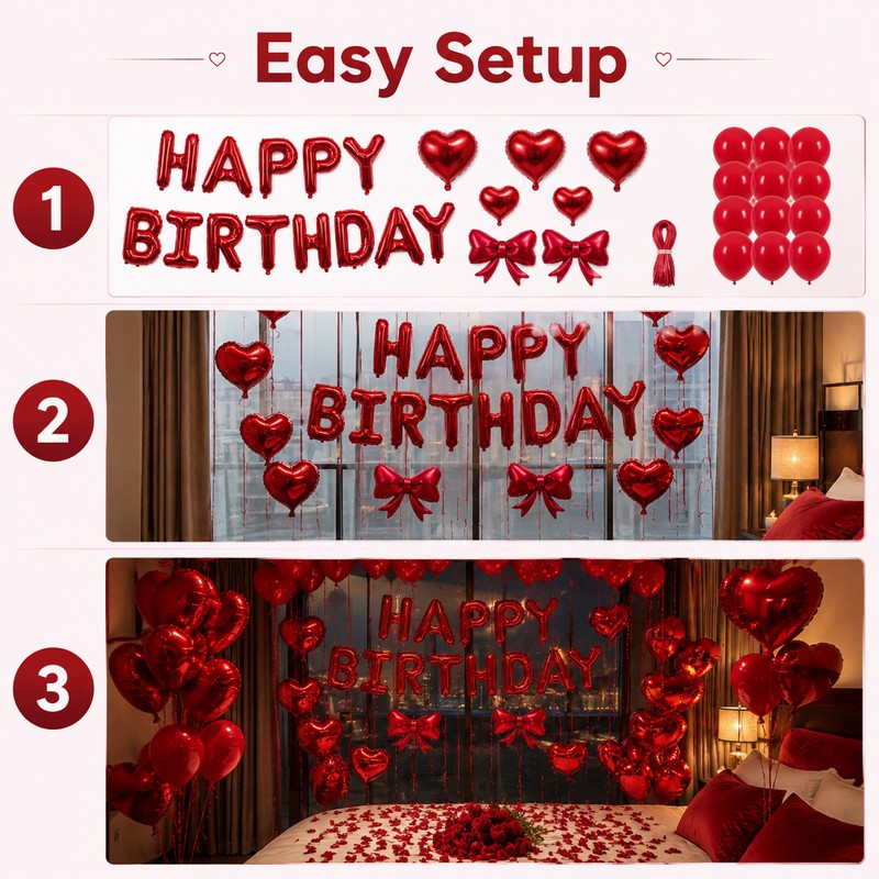 Red Birthday Balloon Set with Heart Foil Balloon - Romantic