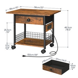 HOOBRO Printer Stand with Charging Station, 2-Tier Printer Cart, Under Desk Printer Table with Power Outlet, Wheeled Printer Table with Fabric Drawer, for Home Office, Rustic Brown and Black BF56UPS01