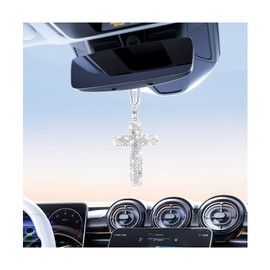 Bling Cross Car Rear View Mirror Charm, Crystal Rhinestone Religious Vehicles Rear View Mirror Pendant, Automotive Interior Decoration for Women Girls, Universal for Sedan SUV Truck (White)