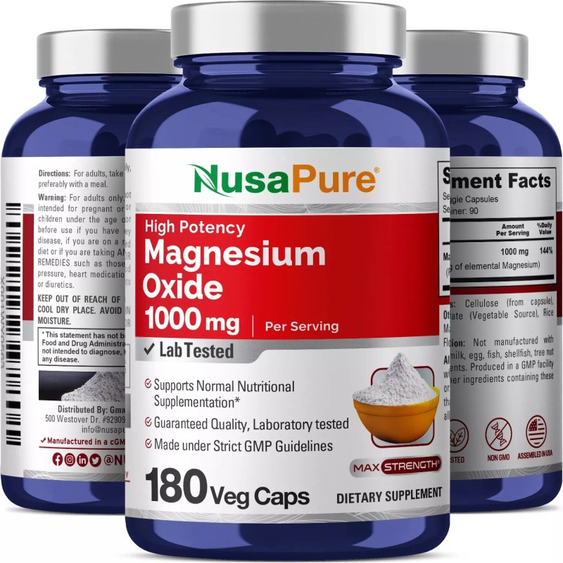 NusaPure Magnesium Oxide 1,000mg Per Serving 180 Veggie Caps (Non-GMO