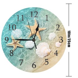 ATEDEANEI Silent Decorative Wall Clock Starfish Shell Beach Wooden 10 Inch Wall Decor Arabic Numerals for Bedroom Living Room Kitchen Frameless