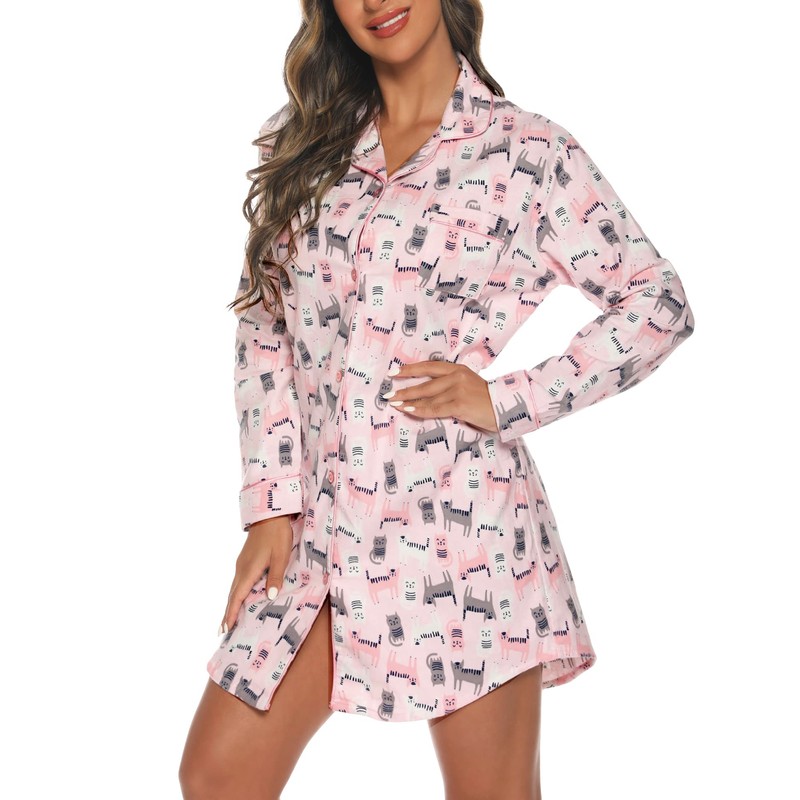 ENJOYNIGHT Women's Sleep Shirt Flannel Print Pajama Top Button-Front Nightshirt