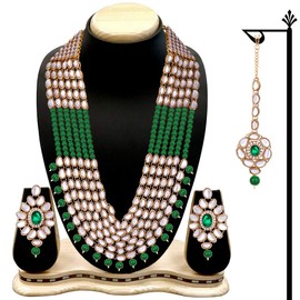 Aheli Royal Look Indian Kundan Beaded Necklace with Maang Tikka Set Ethnic Wedding Traditional Jewelry Gift for Women Green