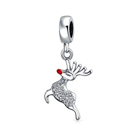 Sparkling Crystal Christmas Holiday Rudolph Red Nose Reindeer Dangle Charm Bead For Teen For Women .925 Sterling Silver Fits European Bracelet