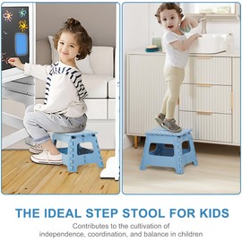 VECELO Folding Step Stool 11 Inch, Non-Slip Surface Portable Foldable 1 Step Stool with Carry Handle, Heavy Duty to Support Kids/Toddler/Adults for Living Room, Kitchen, Bathroom, Set of 2, Blue