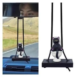 DUSCOKE Funny Black Cat Sitting On Toilet Rearview Mirror Hanging Accessory, Swing Pendant Car Rear View Mirror Charm, Cute Cat Bathroom Decoration Car Interior Ornament Aesthetic Presents (Black)