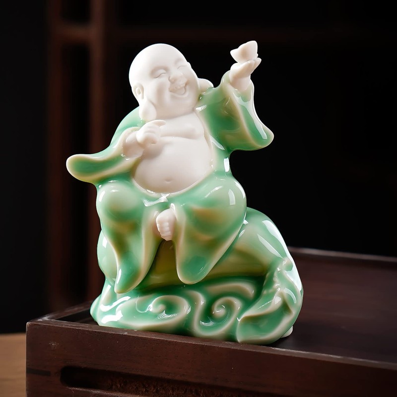 Houlu Small Green Fat Laughing Buddha Statue for Good Luck,