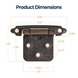 Home Expert 10 Pack (5 Pairs) Antique Copper Cabinet Hinges for Kitchen Doors, Self-Closing, 1/2 Inch Overlay (Variable), Semi-Concealed Face Frame, Surface Mount Cabinet Hardware