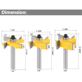 Yakamoz 3Pcs 4-Wings Rabbet Router Bit Set,1/4 Inch Shank Bearing Slot Cutter Rabbeting Bits Woodworking Tool(1/4", 3/8", 1/2" Cutting Width)