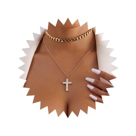 Atentuyi Punk Layered Cross Pendant Necklace Gold Cuban Thick Choker Chunky Link Chain Necklace Crucifix Religious Necklace Cross Necklace Jewellery for Women and Girls, Metal Gold