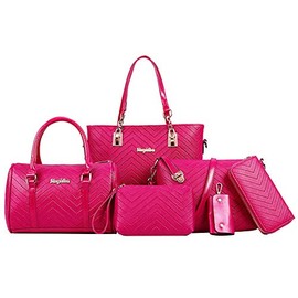 Women Handbags 6 Pcs Set PU Top Handle Purse Splicing Shoulder Crossbody Bag Tote Satchels Clutch Card Holder Rose