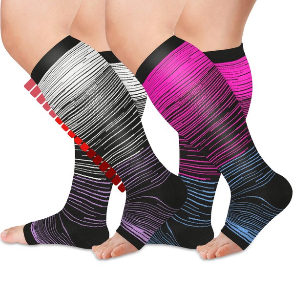 Iseasoo - Calcetines de compresión sin dedos de pantorrilla ancha, 2 pares de calcetines de compresión de punta abierta para mujeres y hombres, talla 4XL