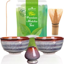 Goodwei Matcha Set Duo with Holder and 30 g Premium Organic Matcha Tea (Uji), Ceramic, 2 x 180 ml