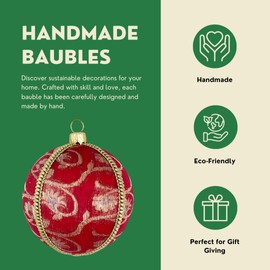 Rishit Handmade Bauble | 8cm Red and Gold | Upcycled Fabric from an Old Sari | Unique Christmas Ornament | Eco-Friendly Décor | Sustainable Elegant Tree Decoration