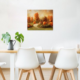 LB Fall Pumpkin Wall Art, Autumn Orange Pumpkin with Maple Forest Canvas Wall Art, Thanksgiving Maple Leaf Wall Art for Living Room Bedroom Bathroom Home Decor Ready to Hanging 24x16 Inch